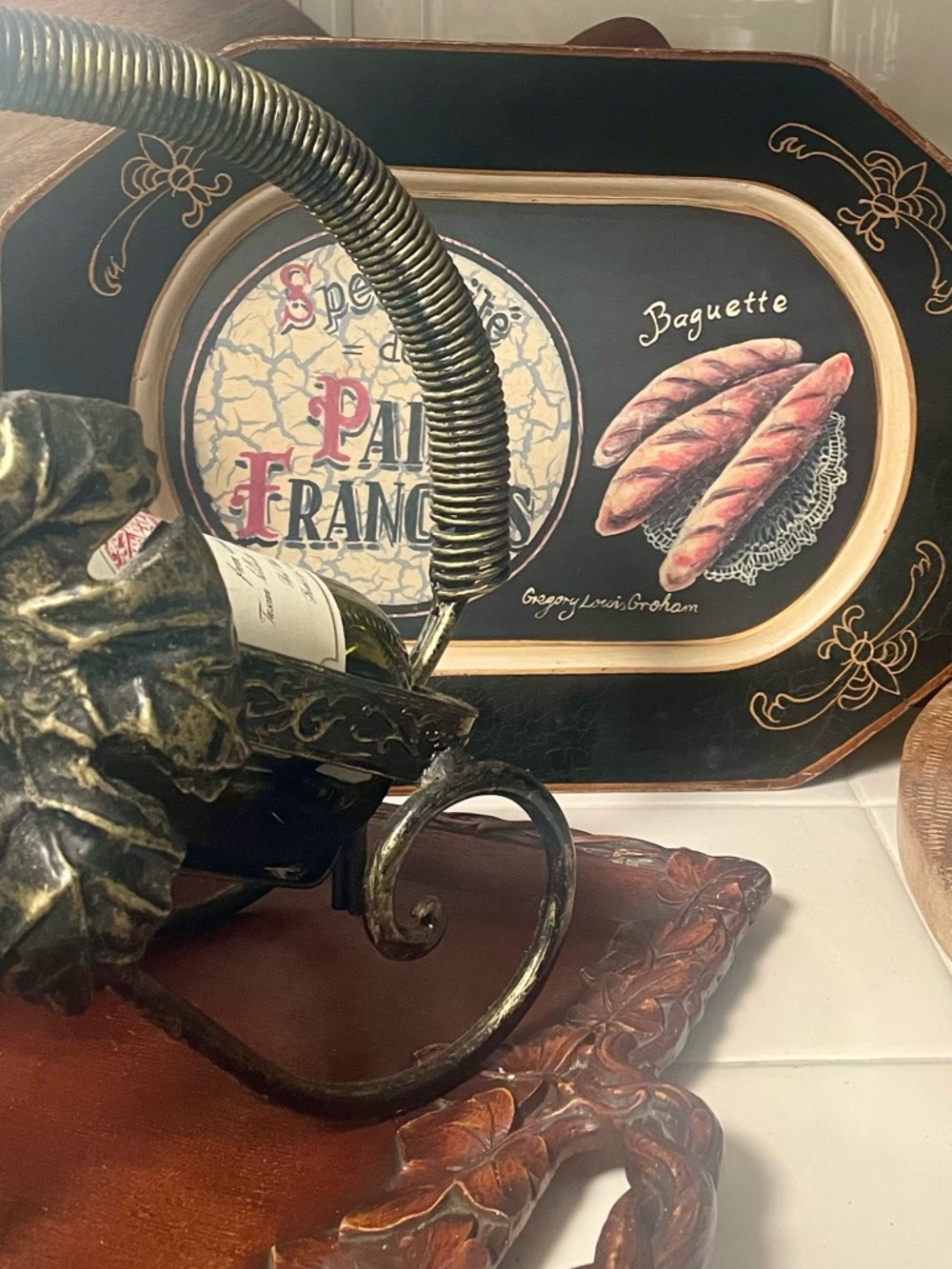 French Country Baguette Tray TamSan Designs Hand Painted
Black Gold 14” x 10”